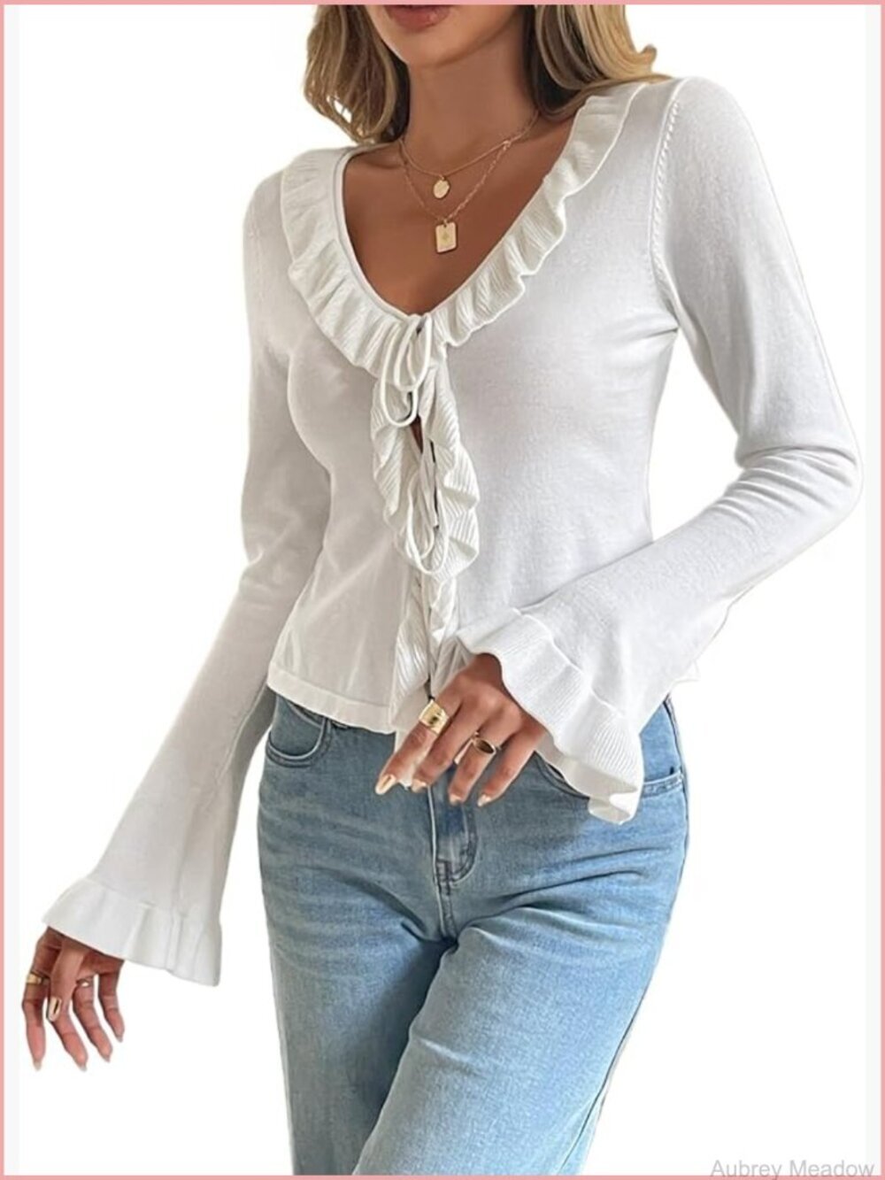 V Neck Ruffle Bell Sleeve Tie Front Cropped Cardigan Top